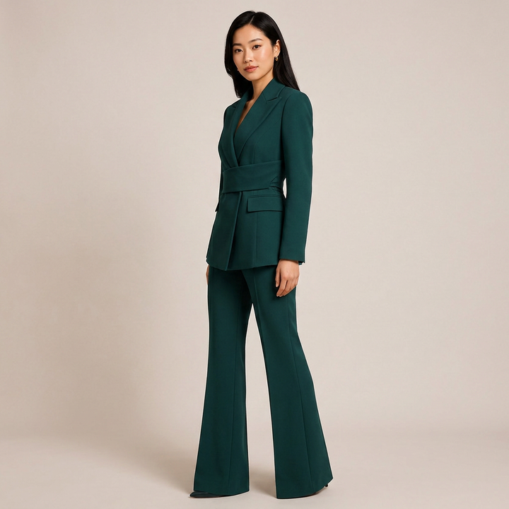 Dark Green Belted Vintage Pantsuit for Power Meetings and Evening Events for Women-Vyana Collective