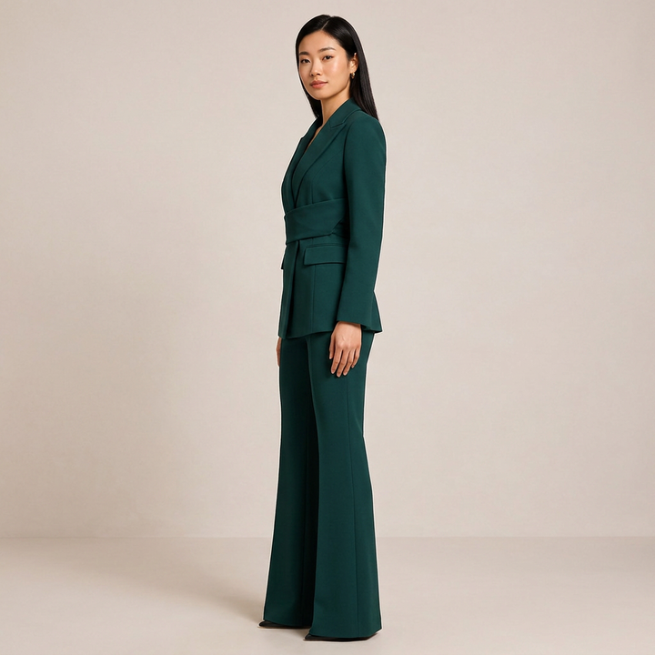 Dark Green Belted Vintage Pantsuit for Power Meetings and Evening Events for Women-Vyana Collective