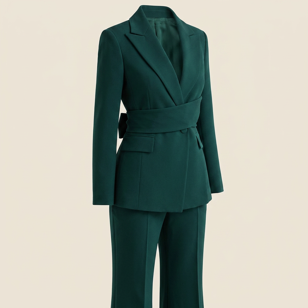 Dark Green Belted Vintage Pantsuit for Power Meetings and Evening Events for Women-Vyana Collective