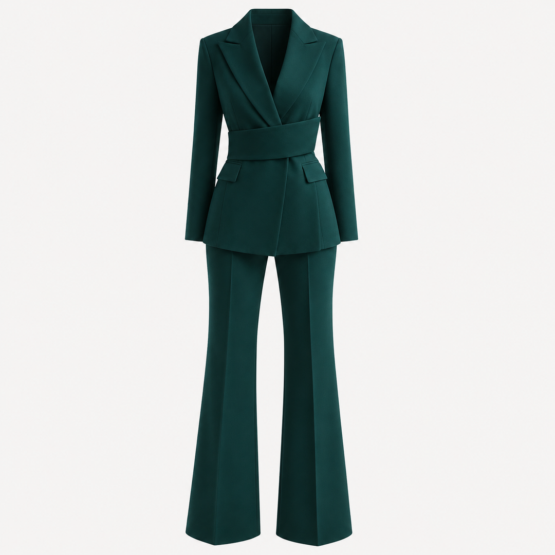 Dark Green Belted Vintage Pantsuit for Power Meetings and Evening Events for Women-Vyana Collective