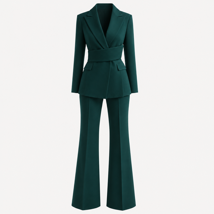 Dark Green Belted Vintage Pantsuit for Power Meetings and Evening Events for Women-Vyana Collective