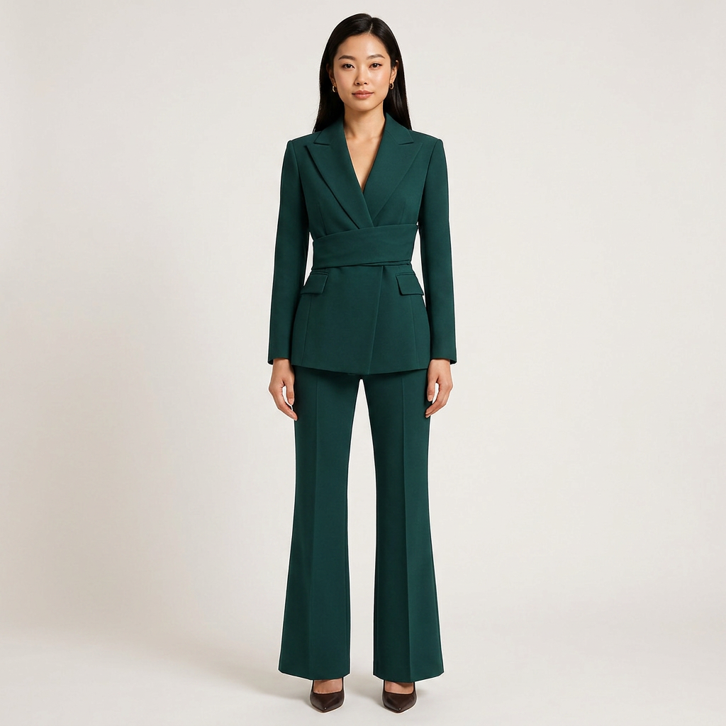 Dark Green Belted Vintage Pantsuit for Power Meetings and Evening Events for Women-Vyana Collective