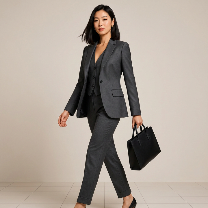Dark Grey Three Piece Suit Set for Meetings Ready and Executive Office Style Women-Vyana Collective