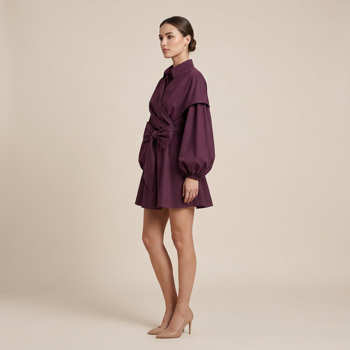 Deep Magenta Wrap Shirt Mini Dress for Date Nights and Elevated Evenings for Women-Vyana Collective