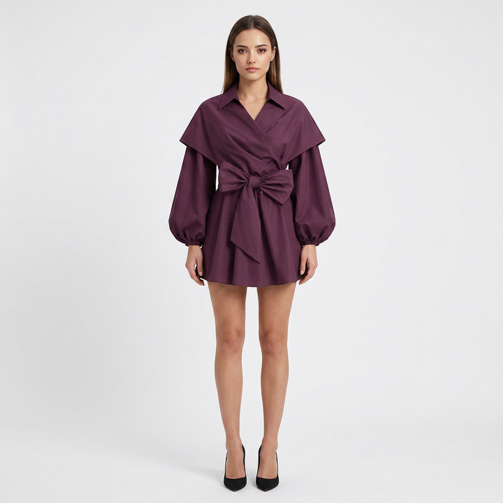 Deep Magenta Wrap Shirt Mini Dress for Date Nights and Elevated Evenings for Women-Vyana Collective