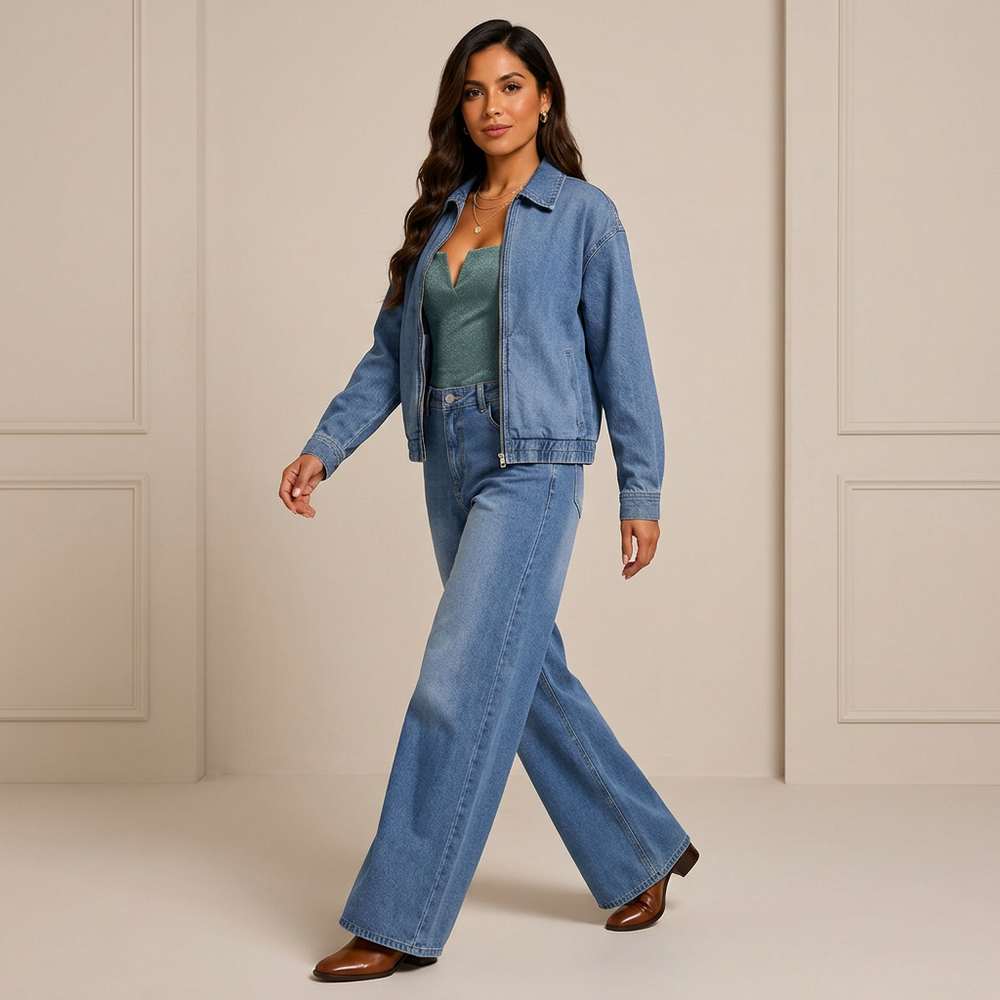 Denim Jacket and Wide-Leg Jeans Set for Women-Vyana Collective