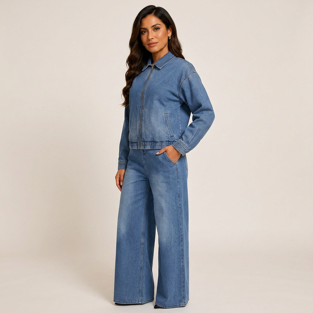 Denim Jacket and Wide-Leg Jeans Set for Women-Vyana Collective