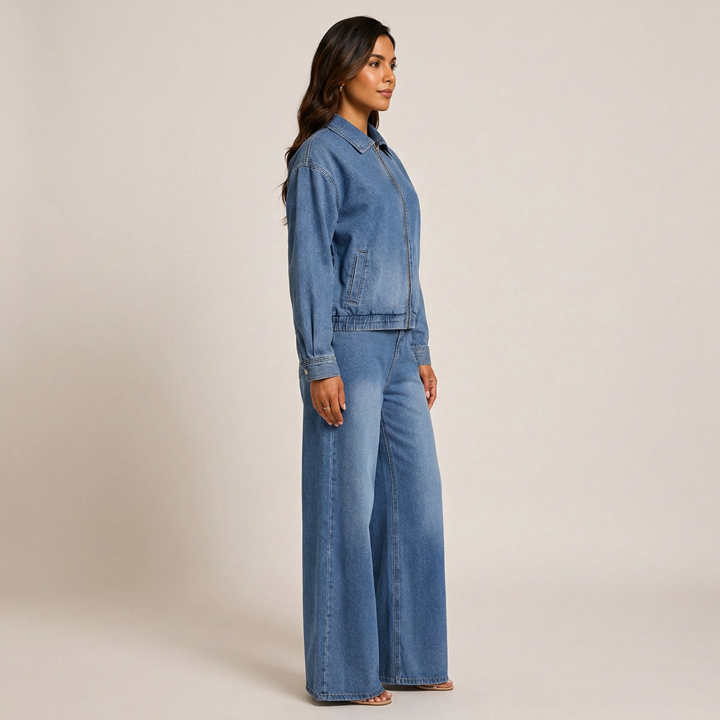 Denim Jacket and Wide-Leg Jeans Set for Women-Vyana Collective