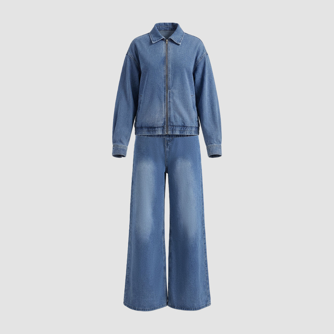 Denim Jacket and Wide-Leg Jeans Set for Women-Vyana Collective