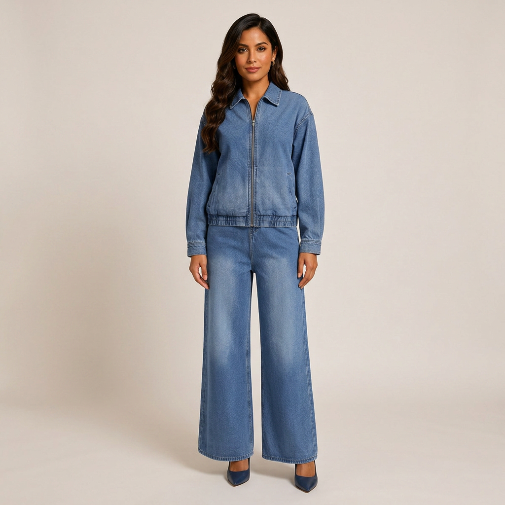 Denim Jacket and Wide-Leg Jeans Set for Women-Vyana Collective