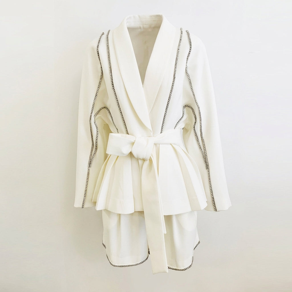 Diamond Trim Batwing Blazer and Tailored Shorts Set for Elegant Resort Style Women-Vyana Collective