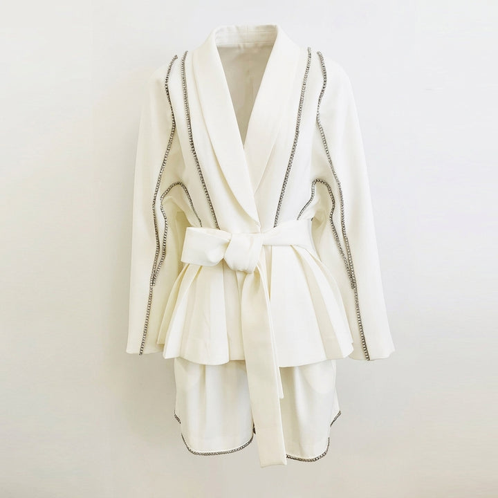 Diamond Trim Batwing Blazer and Tailored Shorts Set for Elegant Resort Style Women-Vyana Collective