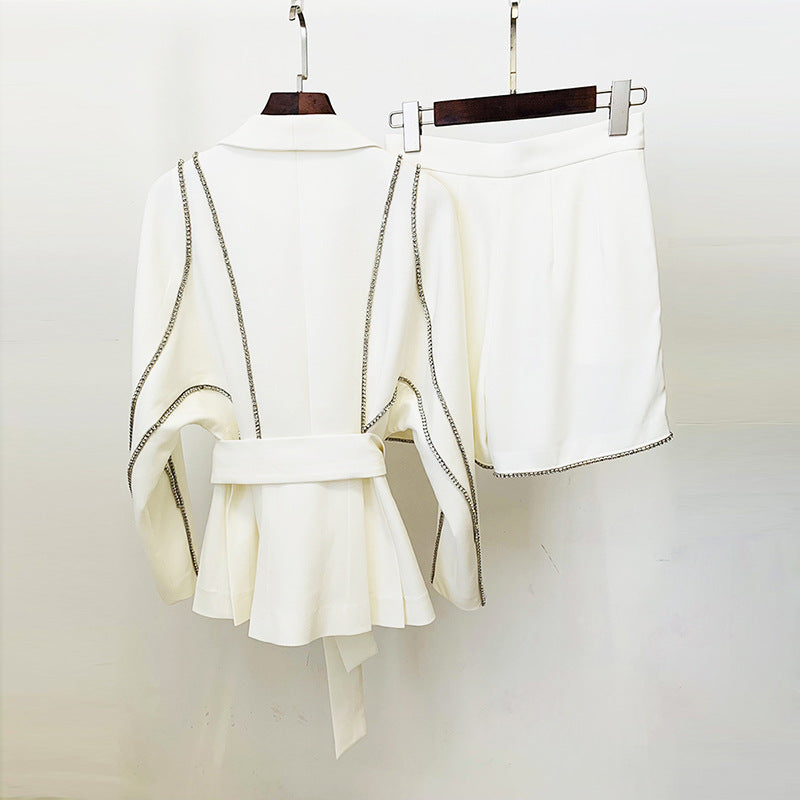 Diamond Trim Batwing Blazer and Tailored Shorts Set for Elegant Resort Style Women-Vyana Collective