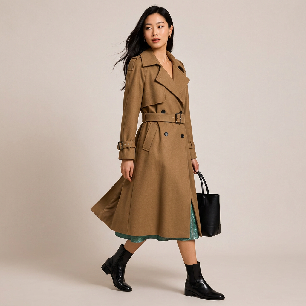 Double-Breasted Belted Midi Trench Coat-Vyana Collective