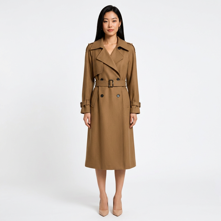 Double-Breasted Belted Midi Trench Coat-Vyana Collective