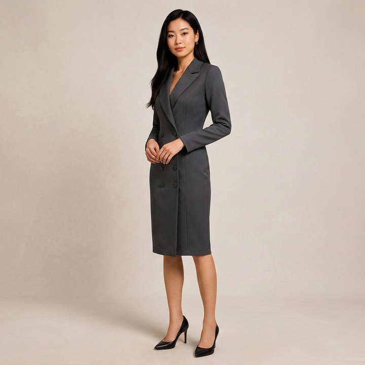 Double Breasted Blazer Midi Dress for Meetings Ready and Executive Elegance Women-Vyana Collective