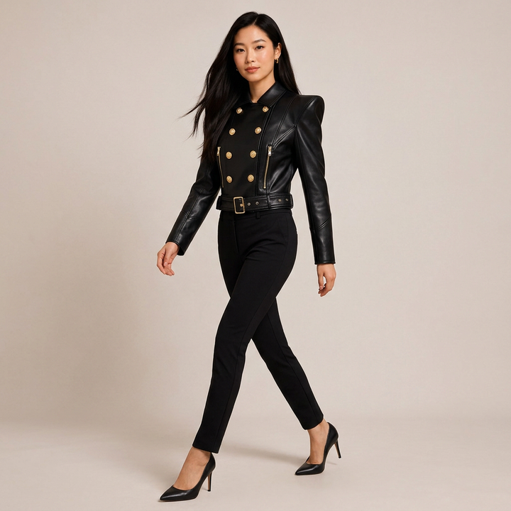 Double-Breasted Cropped Leather Moto Jacket for Modern Office Style and Street Chic Women-Vyana Collective