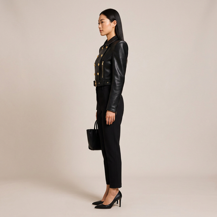 Double-Breasted Cropped Leather Moto Jacket for Modern Office Style and Street Chic Women-Vyana Collective