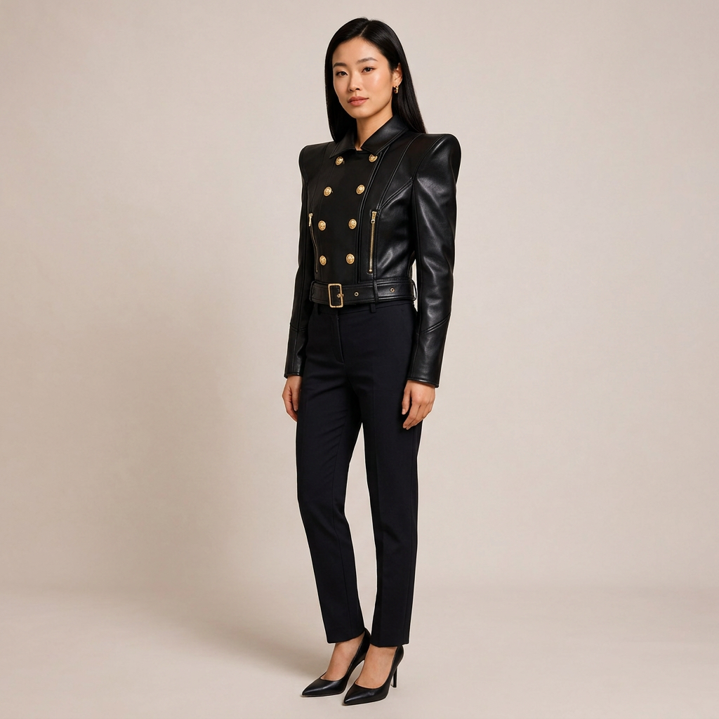Double-Breasted Cropped Leather Moto Jacket for Modern Office Style and Street Chic Women-Vyana Collective