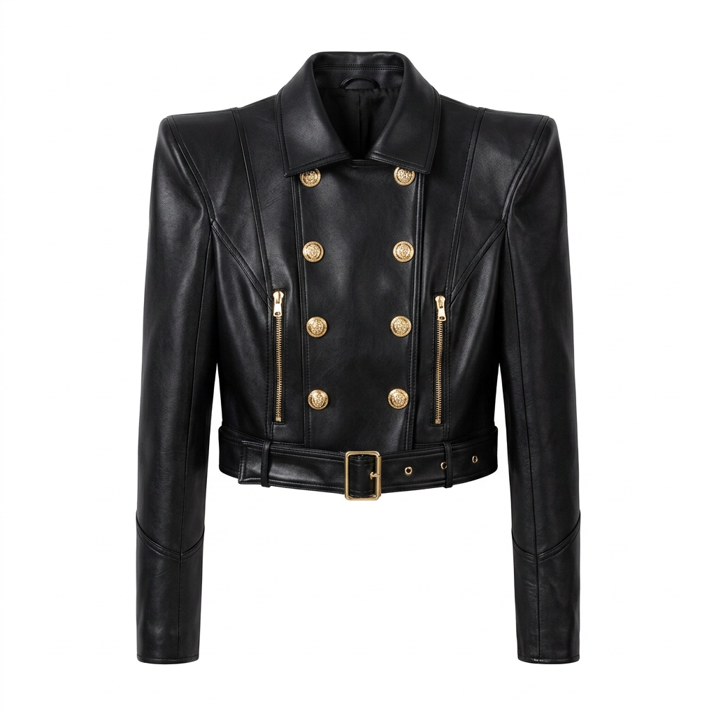 Double-Breasted Cropped Leather Moto Jacket for Modern Office Style and Street Chic Women-Vyana Collective