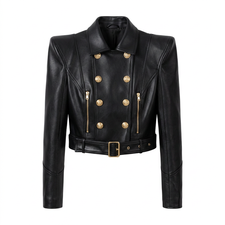 Double-Breasted Cropped Leather Moto Jacket for Modern Office Style and Street Chic Women-Vyana Collective