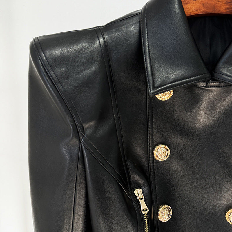 Double-Breasted Cropped Leather Moto Jacket for Modern Office Style and Street Chic Women-Vyana Collective