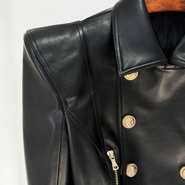 Double-Breasted Cropped Leather Moto Jacket for Modern Office Style and Street Chic Women-Vyana Collective