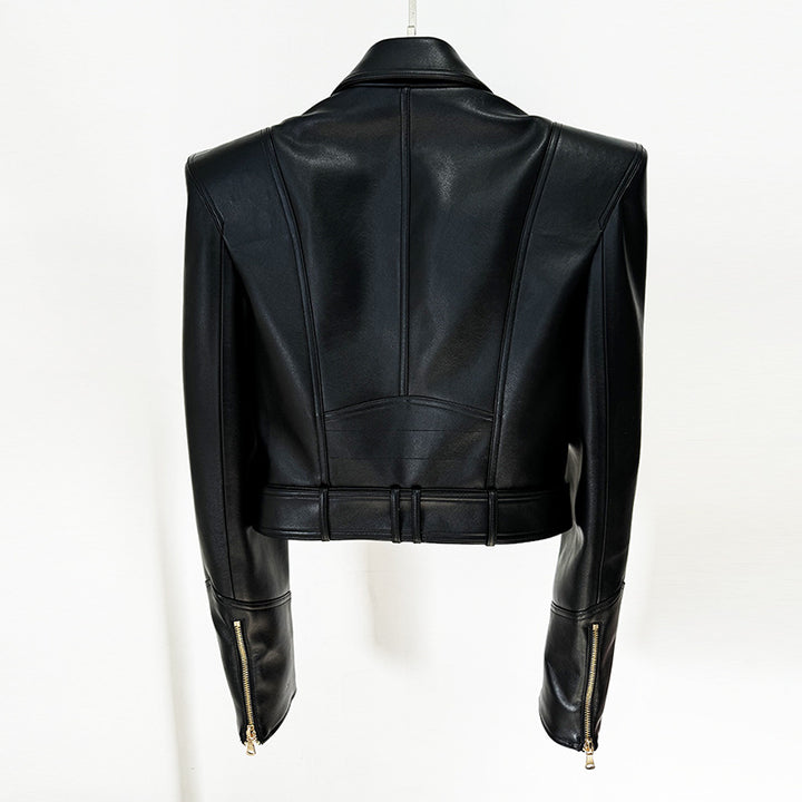 Double-Breasted Cropped Leather Moto Jacket for Modern Office Style and Street Chic Women-Vyana Collective