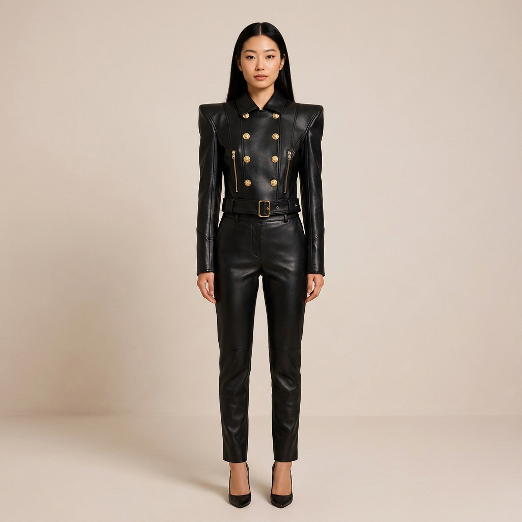 Double-Breasted Cropped Leather Moto Jacket for Modern Office Style and Street Chic Women-Vyana Collective