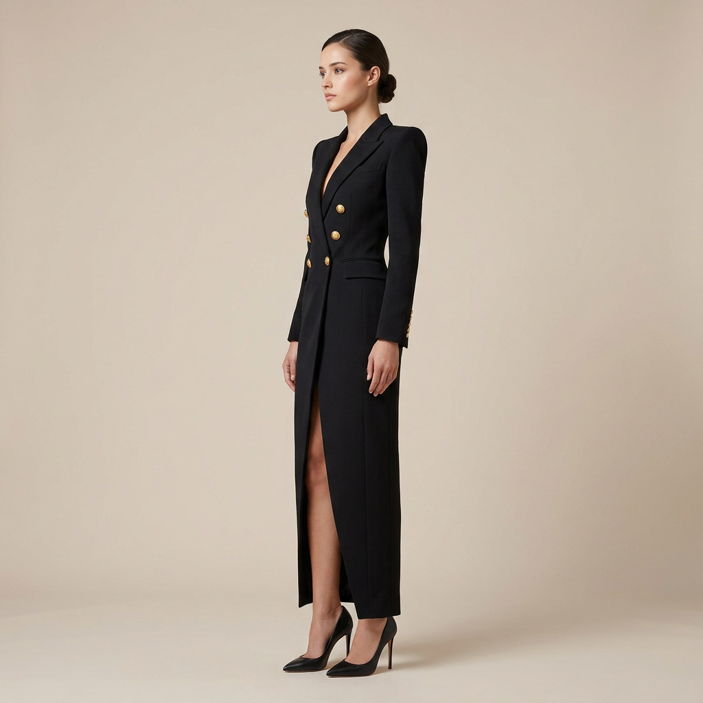 Double Breasted High Slit Maxi Blazer Dress for Meetings Ready and Evening Elegance Women-Vyana Collective