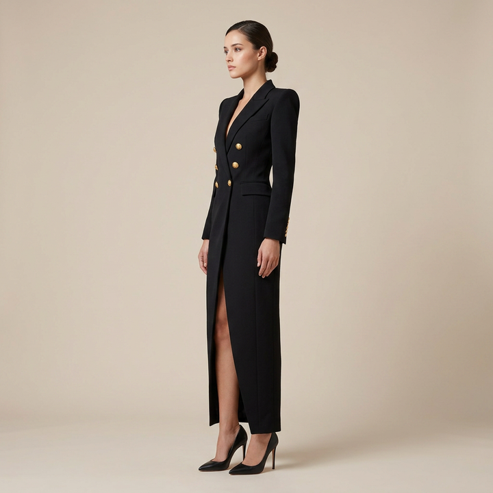 Double Breasted High Slit Maxi Blazer Dress for Meetings Ready and Evening Elegance Women-Vyana Collective