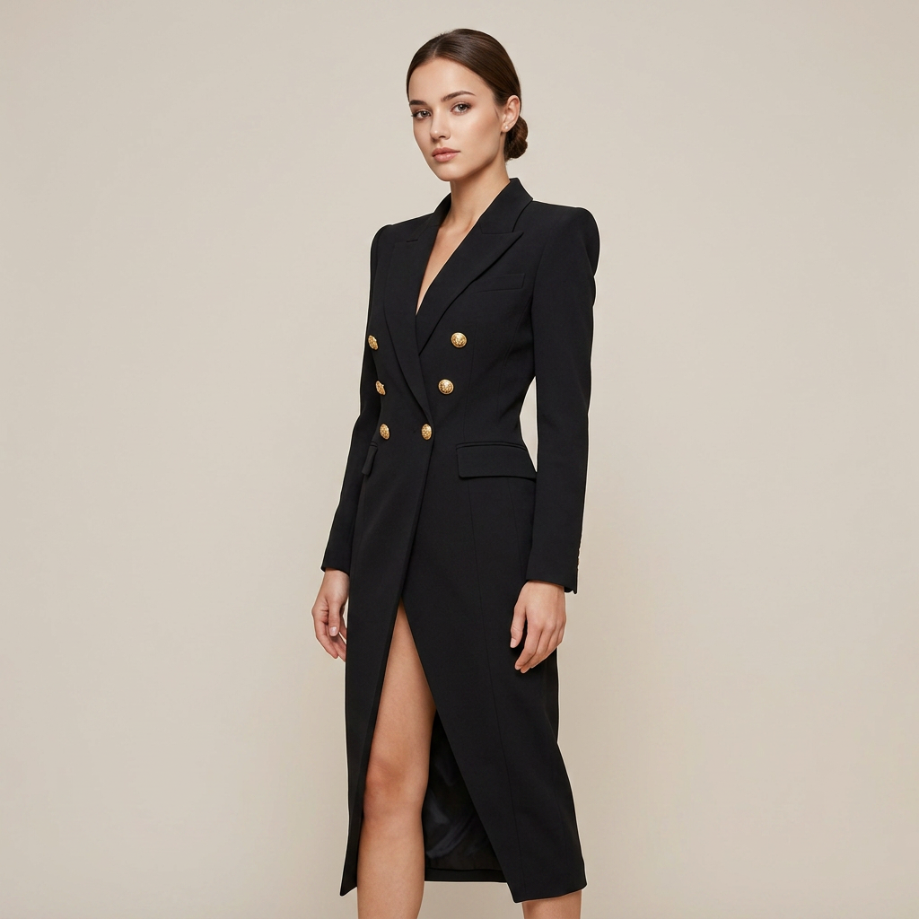 Double Breasted High Slit Maxi Blazer Dress for Meetings Ready and Evening Elegance Women-Vyana Collective