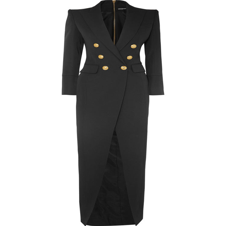 Double Breasted High Slit Maxi Blazer Dress for Meetings Ready and Evening Elegance Women-Vyana Collective