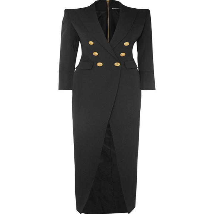 Double Breasted High Slit Maxi Blazer Dress for Meetings Ready and Evening Elegance Women-Vyana Collective