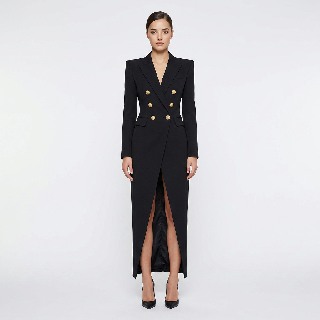 Double Breasted High Slit Maxi Blazer Dress for Meetings Ready and Evening Elegance Women-Vyana Collective