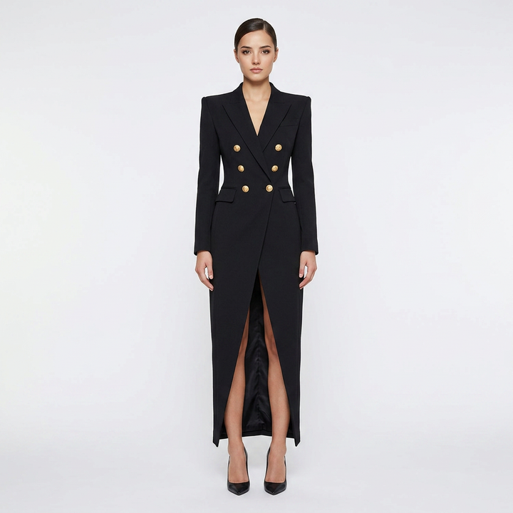Double Breasted High Slit Maxi Blazer Dress for Meetings Ready and Evening Elegance Women-Vyana Collective