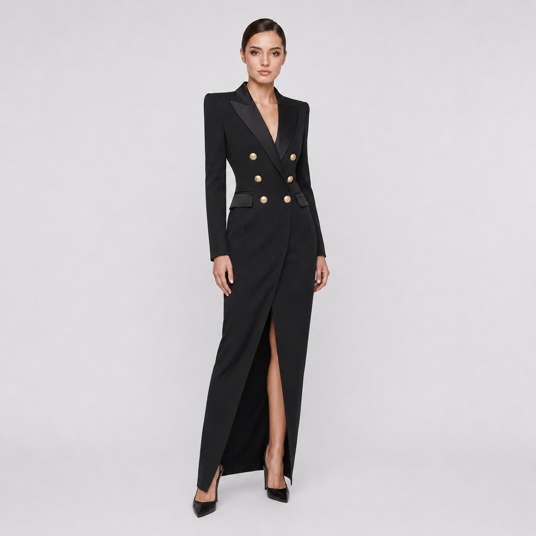 Double Breasted High Slit Maxi Blazer Dress for Meetings Ready and Evening Elegance Women-Vyana Collective