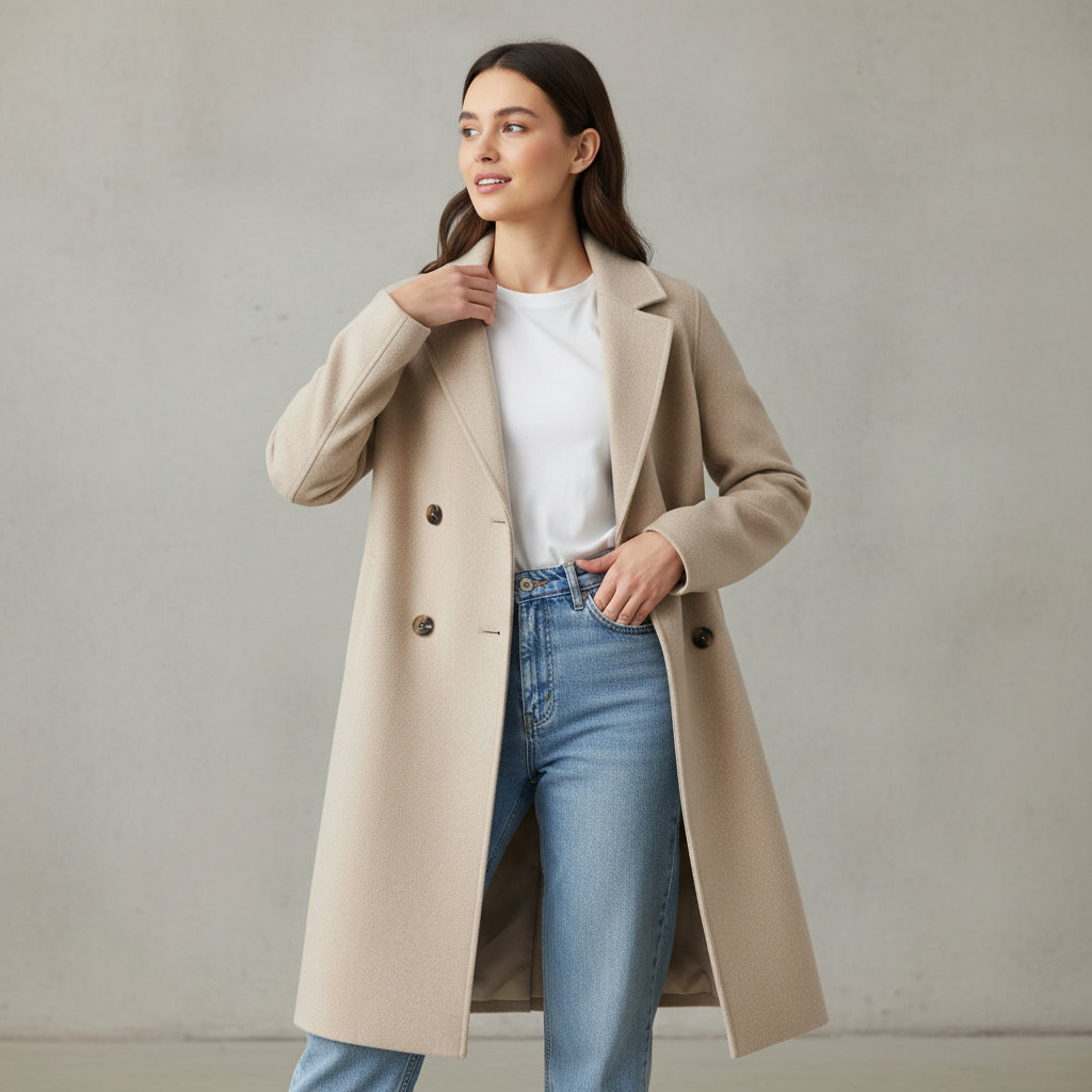 Double-Breasted Over-Knee Wool Coat with Suit Collar-Vyana Collective