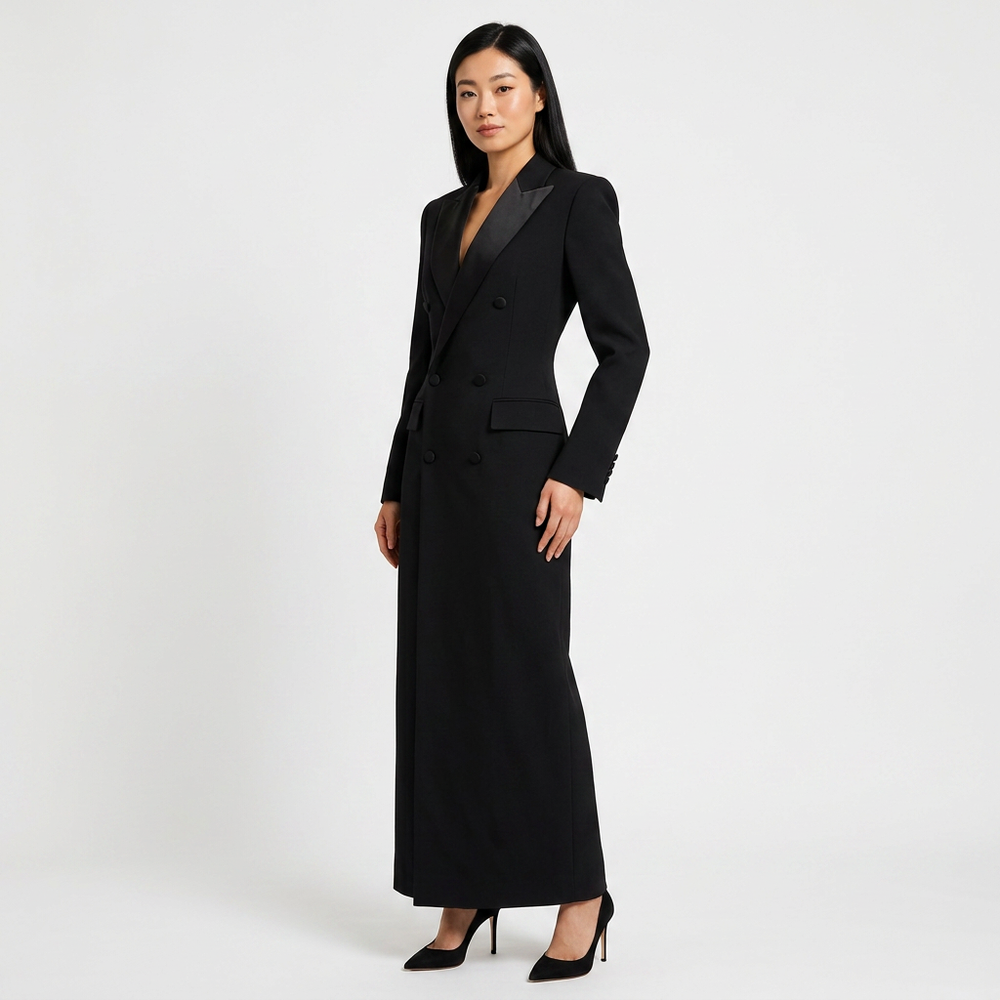 Double Breasted Satin Lapel Maxi Blazer Dress for Meetings Ready and Evening Elegance Women-Vyana Collective