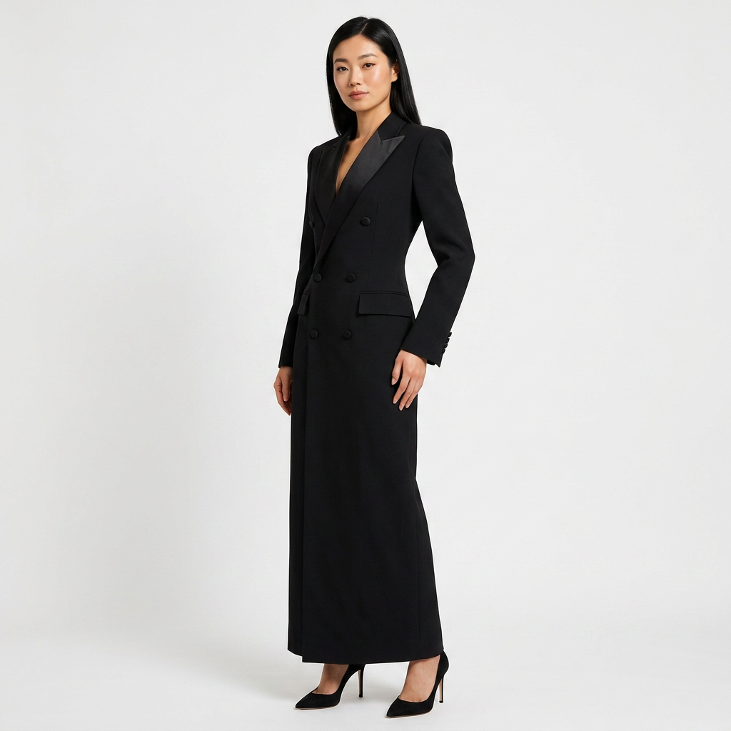 Double Breasted Satin Lapel Maxi Blazer Dress for Meetings Ready and Evening Elegance Women-Vyana Collective