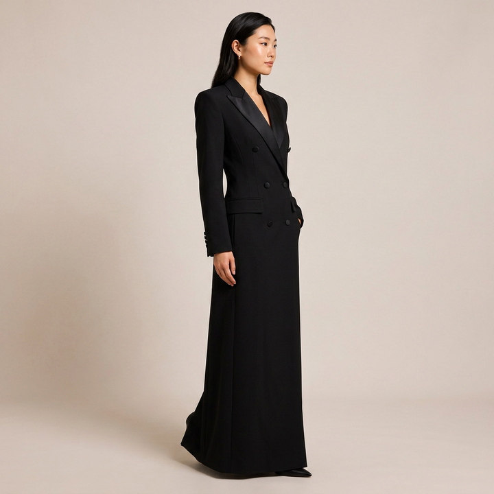 Double Breasted Satin Lapel Maxi Blazer Dress for Meetings Ready and Evening Elegance Women-Vyana Collective