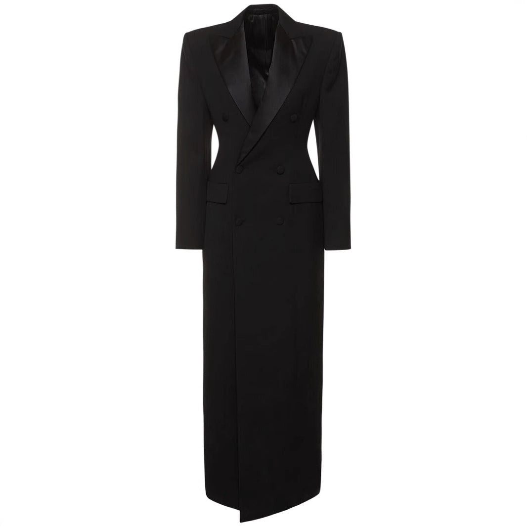 Double Breasted Satin Lapel Maxi Blazer Dress for Meetings Ready and Evening Elegance Women-Vyana Collective