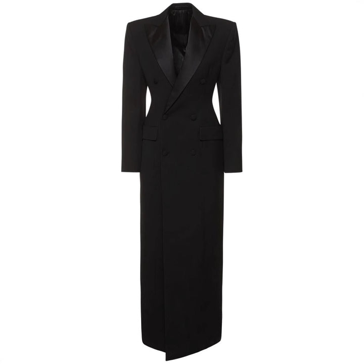 Double Breasted Satin Lapel Maxi Blazer Dress for Meetings Ready and Evening Elegance Women-Vyana Collective