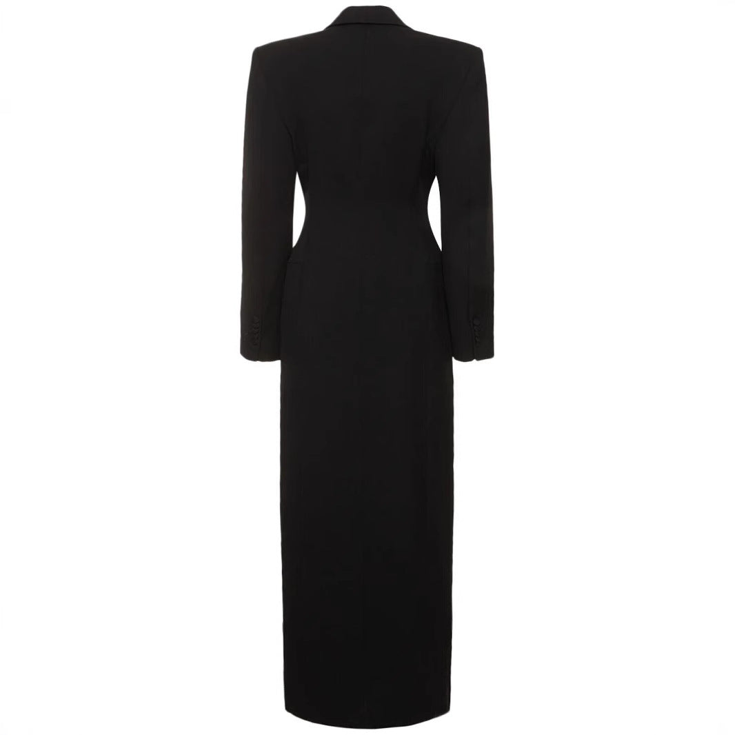 Double Breasted Satin Lapel Maxi Blazer Dress for Meetings Ready and Evening Elegance Women-Vyana Collective