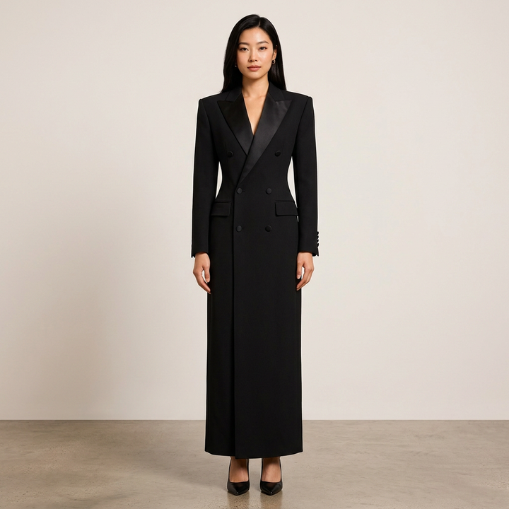 Double Breasted Satin Lapel Maxi Blazer Dress for Meetings Ready and Evening Elegance Women-Vyana Collective