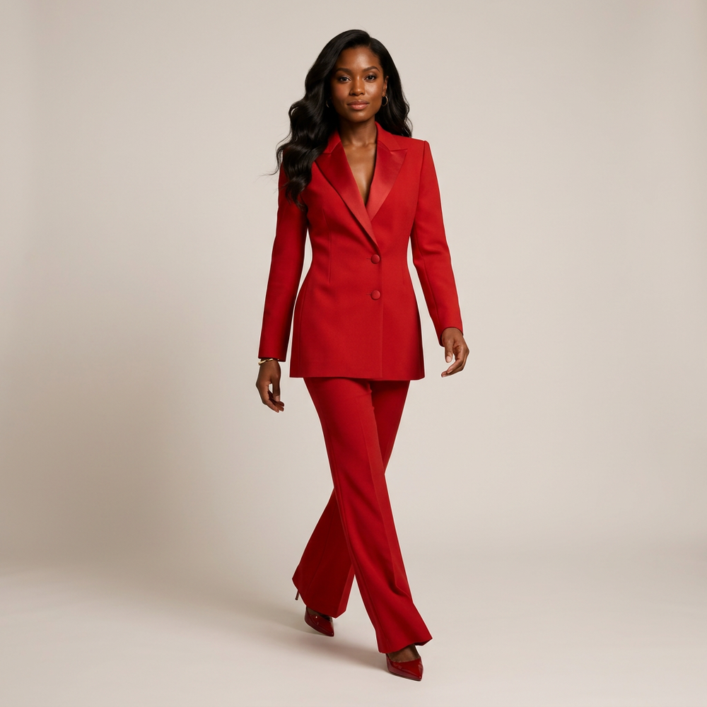 Double-Breasted Satin Lapel Pantsuit-Vyana Collective