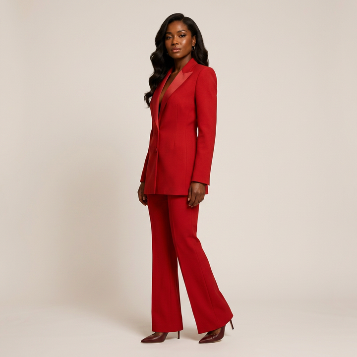 Double-Breasted Satin Lapel Pantsuit-Vyana Collective