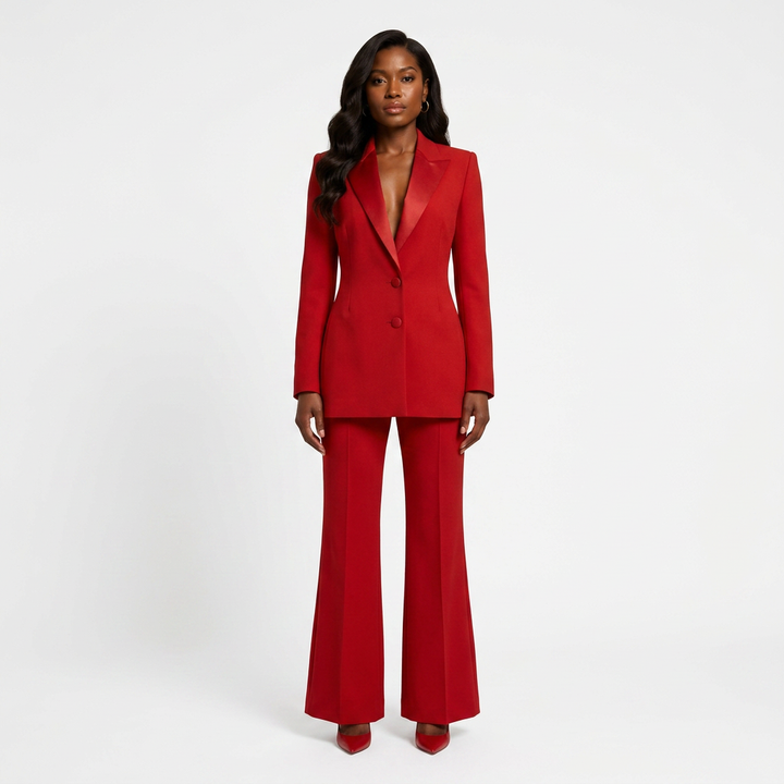 Double-Breasted Satin Lapel Pantsuit-Vyana Collective