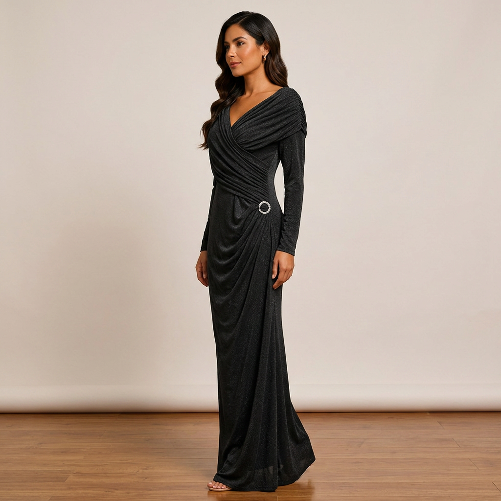 Draped V-Neck Long-Sleeve Column Maxi Dress-Vyana Collective