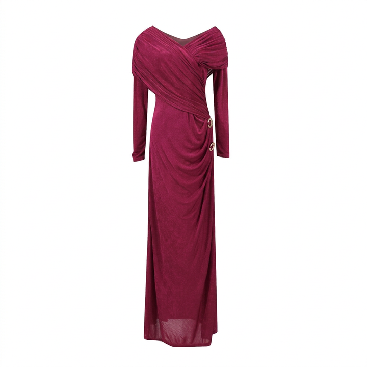 Draped V-Neck Long-Sleeve Column Maxi Dress-Vyana Collective